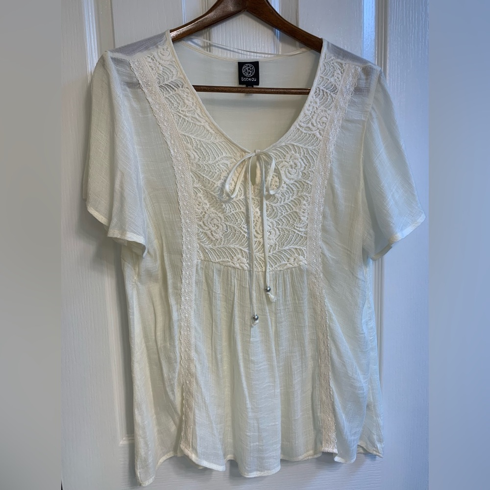 Bobeau S/S Lace Trimmed Semi-Sheer Pullover Blouse Top - Large - Ivory- VGC